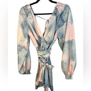 Mulla Light Blue Satin Watercolor Print Long Sleeve Mini Dress Small